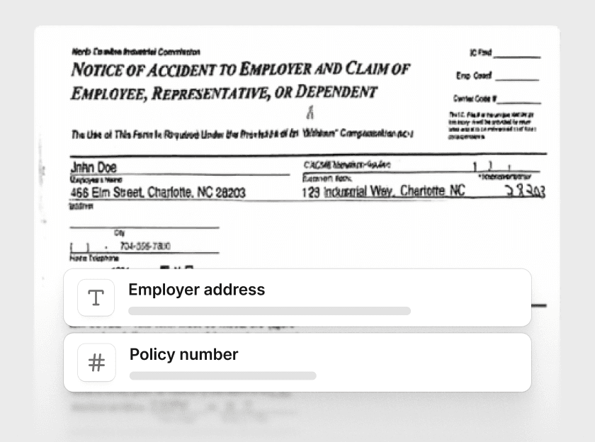 A scanned insurance claim form with the employer address and policy number fields highlighted