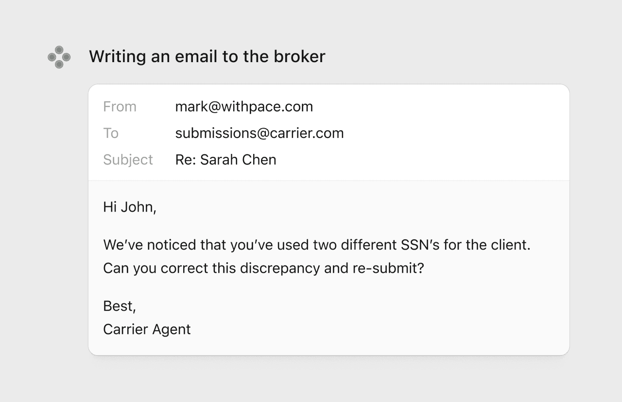 An agent drafting an email to a broker about a discrepancy in a submission