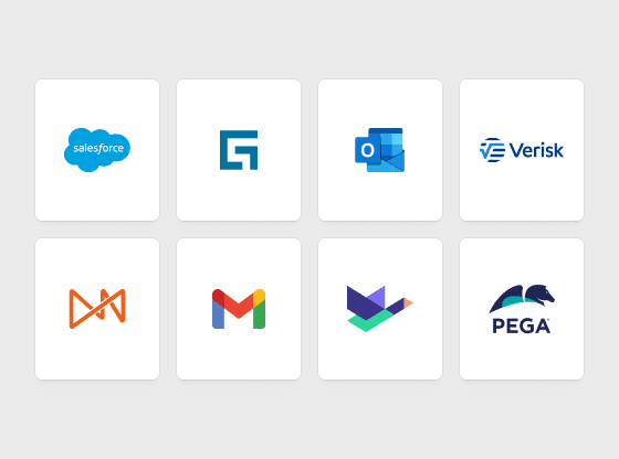 A grid of integration logos including Salesforce, Guidewire, Outlook and Verisk