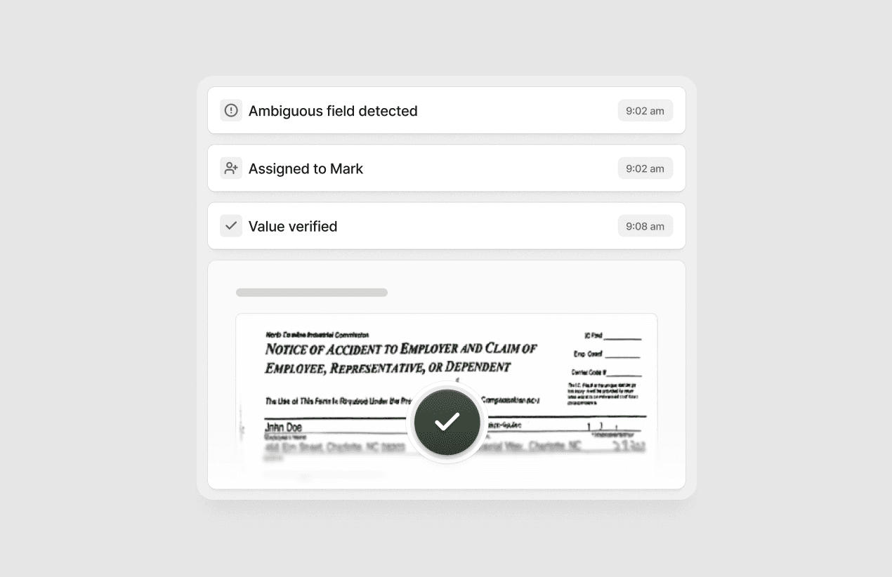 A document review queue showing an ambiguous field flagged, assigned and verified