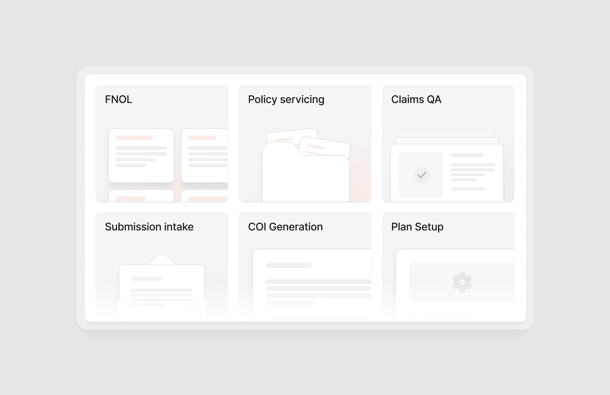 A grid of Clarix agent workflows: FNOL, policy servicing, claims QA, submission intake, COI generation and plan setup