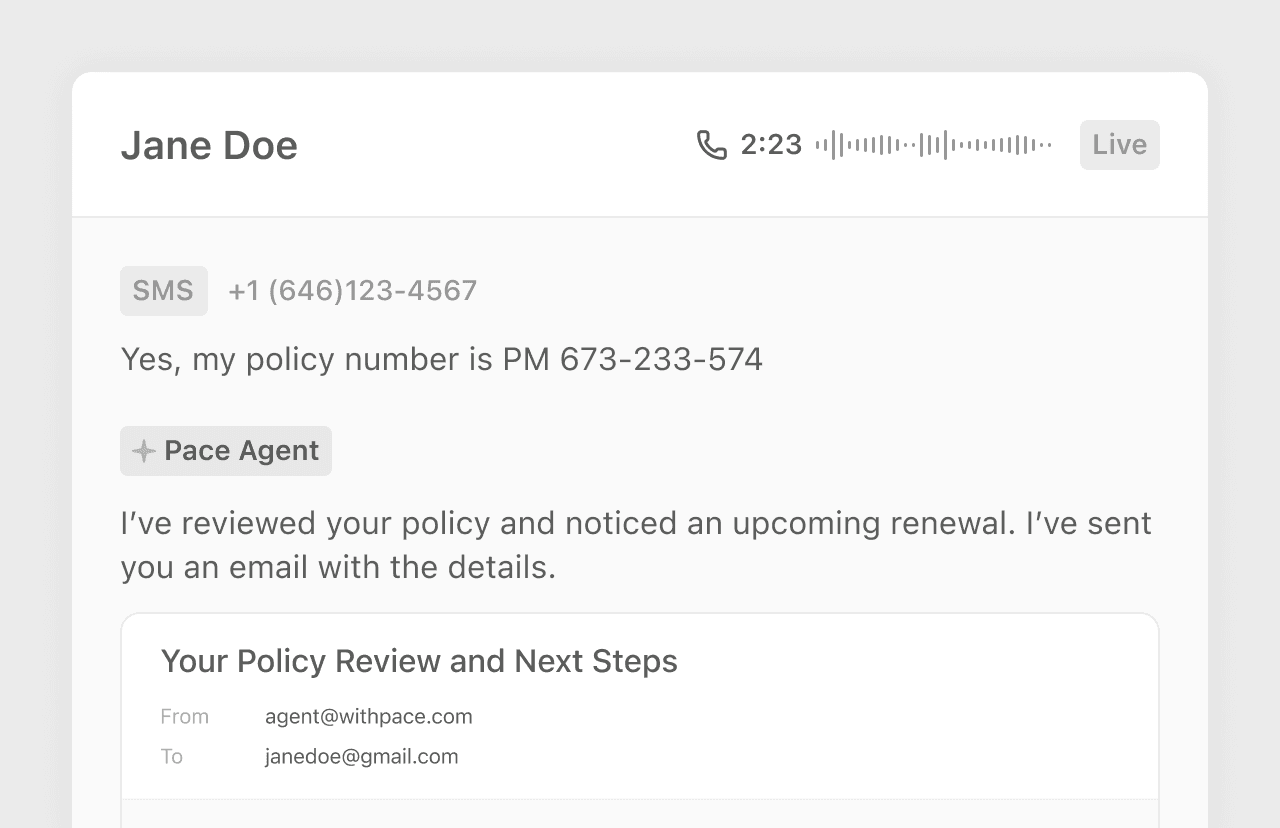 A live voice call transcript in Clarix next to an SMS conversation confirming a policy number